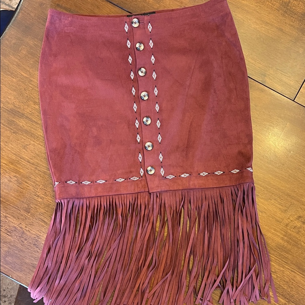 Shyanne Burgundy Pencil Skirt with Fringe
